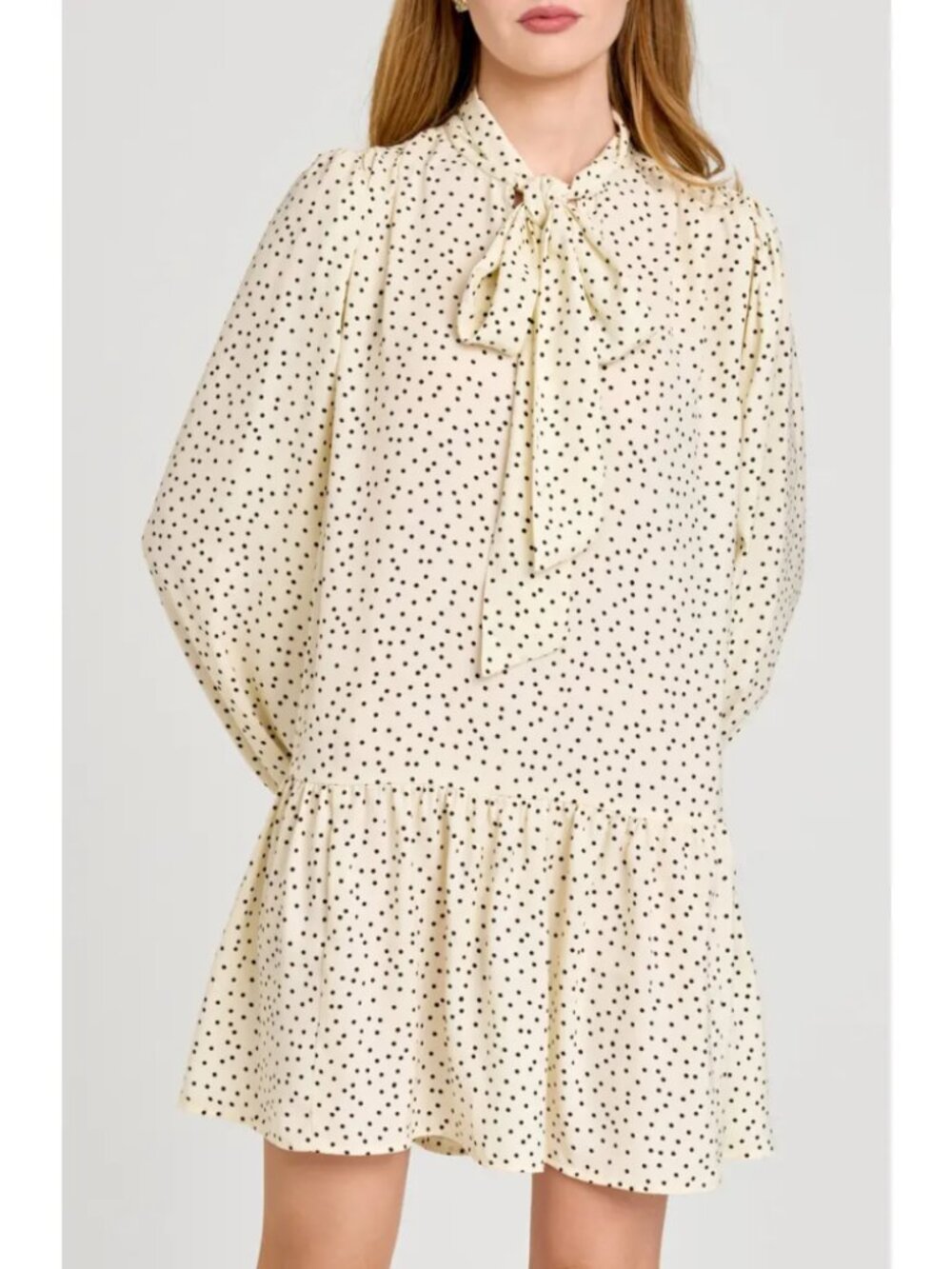 Wayf Kate Polka Dot Long Sleeve Mini Dress Cream Polka Dot Drop Waist L/XL NWOT